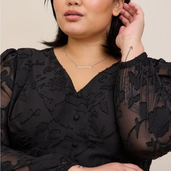 New Peplum Chiffon Clip Floral Blouson Sleeve Top - Picture 4 of 15